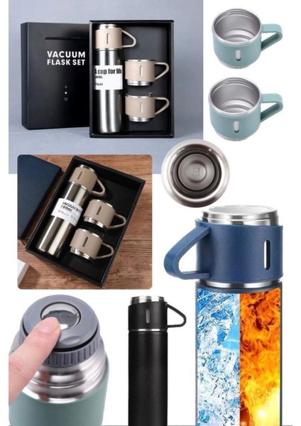 Paslanmaz Çelik 500ML 3 Bardaklı Termos Taşınabilir Çift Katman Yalıtımlı Vakumlu Seyehat Tipi Sıcak