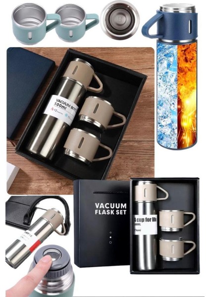 Paslanmaz Çelik 500ML 3 Bardaklı Termos Taşınabilir Çift Katman Yalıtımlı Vakumlu Seyehat Tipi Sıcak modelleri