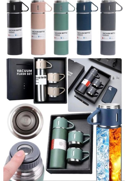 Paslanmaz Çelik 500ML 3 Bardaklı Termos Taşınabilir Çift Katman Yalıtımlı Vakumlu Seyehat Tipi Sıcak fırsatları