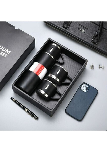 Tatil Model Termos Siyah Renk 3 Bardaklı Termos Seti Vakumlu Termos Set >550 ml Içecek Paslanmaz Çel fiyatları