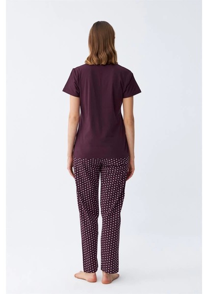 Kadın Mürdüm Papatya Baskılı Kısa Kollu Penye Pijama Takımı indirimleri