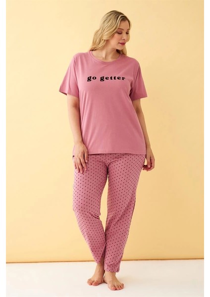 Kadın Somon Go Getter Yazılı Büyük Beden Pijama Takımı