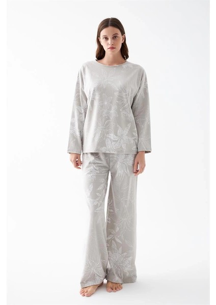 Kadın Oversize Gri Çiçek Desenli Pamuklu Kalın Pijama Takımı