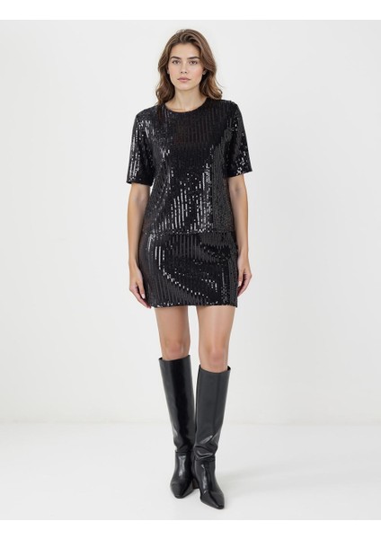 Siyah Rahat Kesim Normal Bel Payetli Örme Mini Etek