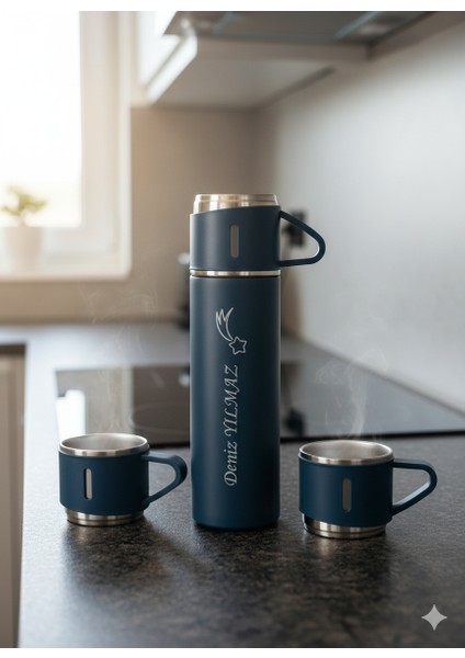 Kahve Termosu 500ML 3 Bardaklı Set A+ Kalite Paslanmaz Çelik Çay Termosu Kamp Termosu Çantalı