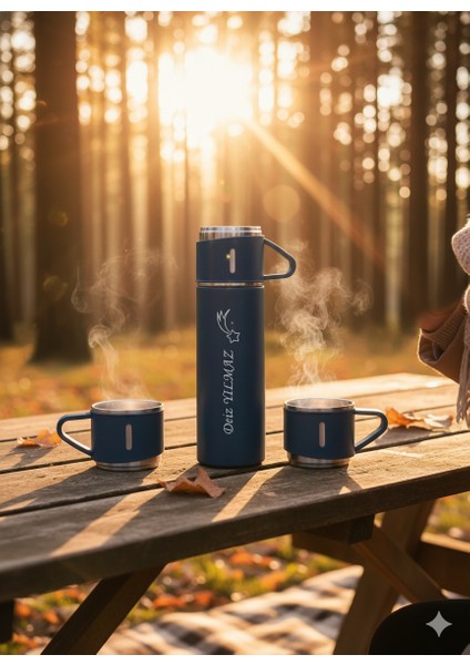 Sıcak Tutan Termos 500ML 3 Bardaklı Premium Paslanmaz Çelik Kahve Termosu Hediye Çantalı