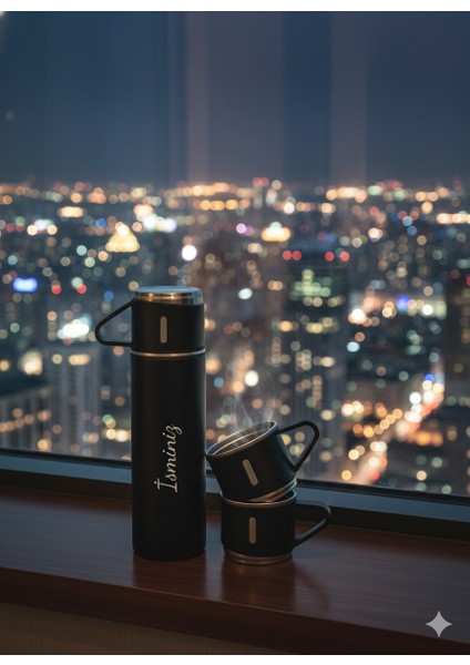 Su Termosu 500ML 3 Bardaklı Set A+ Kalite Paslanmaz Çelik Kahve Termosu Hediye Çantalı