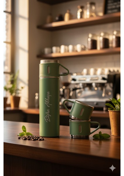 Çelik Termos 500ML 3 Bardaklı Sıcak Tutan Kahve Çay Termosu Premium A+ Kalite Çanta Hediye