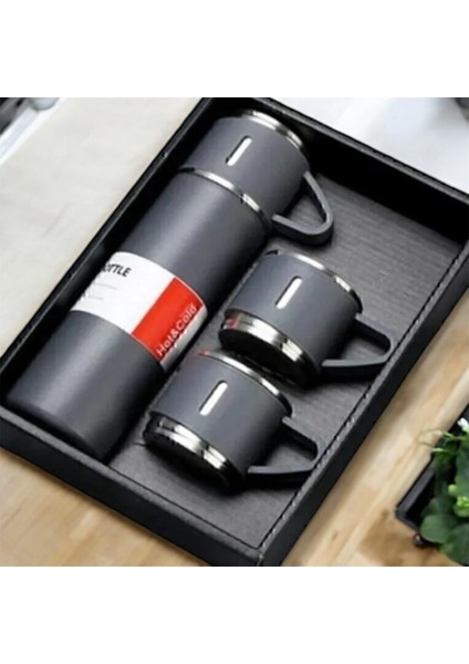 3 Bardaklı Çelik Termos & Filtre Kahve & Su Matarası & Cepli Gri Defter & USB Kalem Hediye Seti