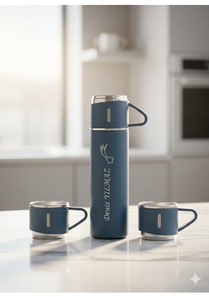 Premium 3 Bardaklı Çay Termosu 500ML Paslanmaz Çelik Kahve Termosu Hediye Çantalı Set
