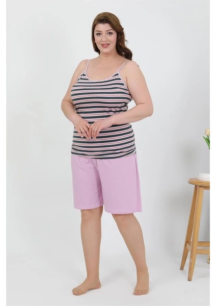 Kadın Büyük Beden Ip Askılı Penye Şortlu Takım Lila