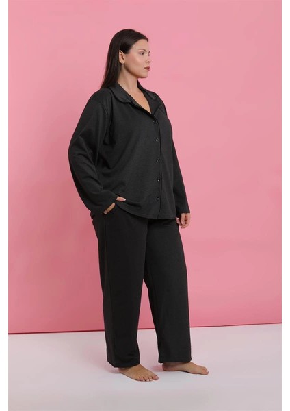 Kadın Büyük Beden Füme Düğmeli Pijama Takımı modelleri
