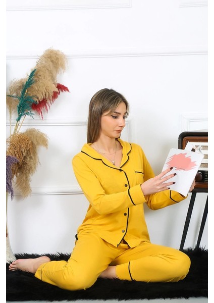 Kadın Pamuk Penye Önden Düğmeli Uzun Kol Sarı Pijama Takım fırsatları