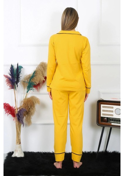 Kadın Pamuk Penye Önden Düğmeli Uzun Kol Sarı Pijama Takım indirimleri
