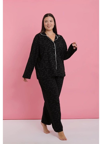 Kadın Büyük Beden Siyah Beyaz Biyeli Desenli Düğmeli Pijama Takımı fırsatları