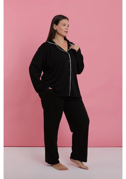 Kadın Büyük Beden Siyah Düğmeli Pijama Takımı