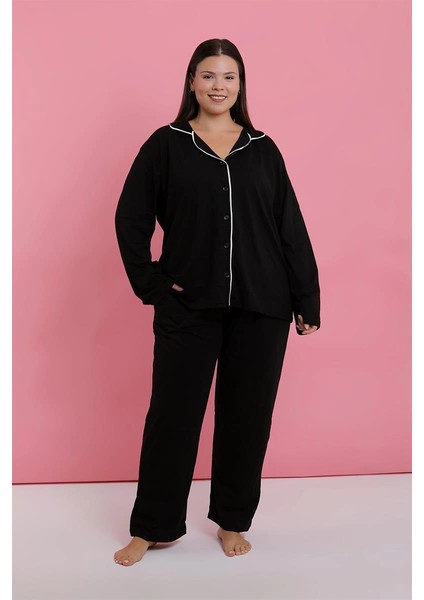 Kadın Büyük Beden Siyah Düğmeli Pijama Takımı fırsatları