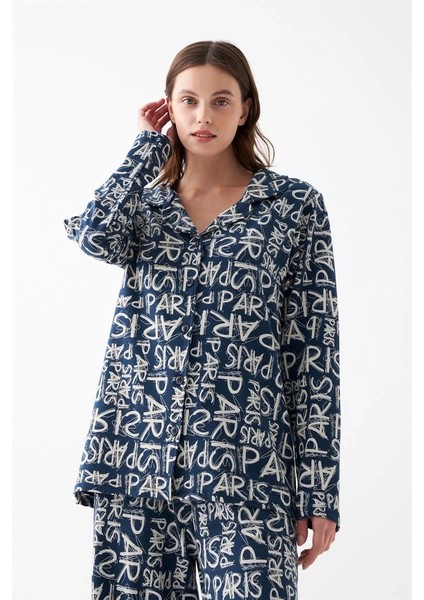 Kadın Lacivert “paris” Yazı Desenli Düğmeli Pamuklu Pijama Takımı modelleri