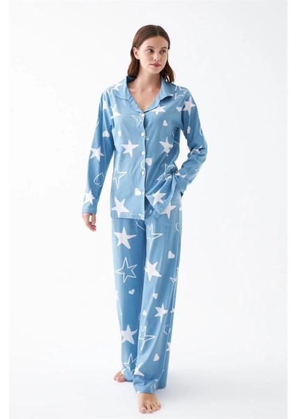 Kadın Mavi Yıldız Desenli Düğmeli Pamuklu Pijama Takımı fiyatları