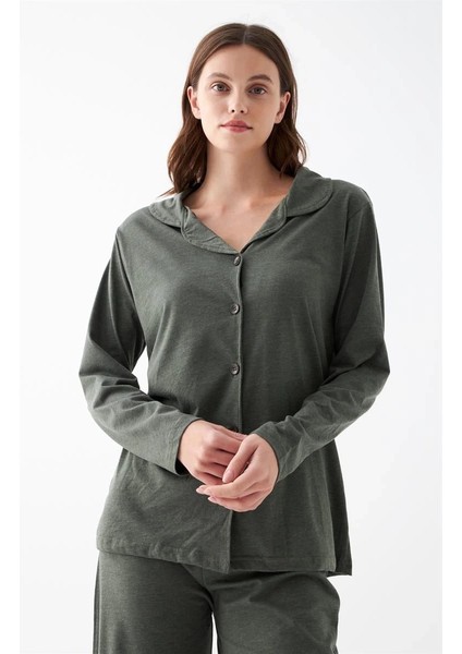 Kadın Haki Düğmeli Pamuklu Pijama Takımı fiyatları