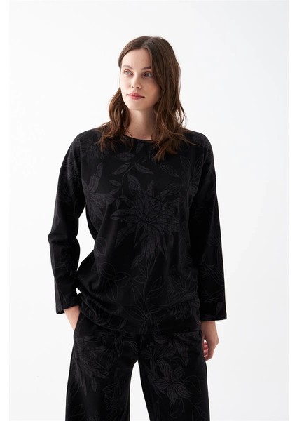 Kadın Oversize Siyah Çiçek Desenli Pamuklu Kalın Pijama Takımı modelleri