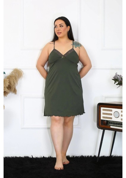 Kadın Haki Pamuklu Ip Askılı Büyük Beden Gecelik