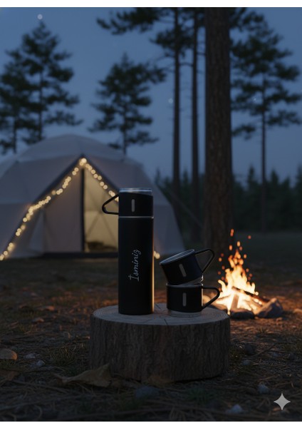 Kahve Termosu 500ML 3 Bardaklı Premium Paslanmaz Çelik Sıcak Tutan Termos Çanta Hediyeli