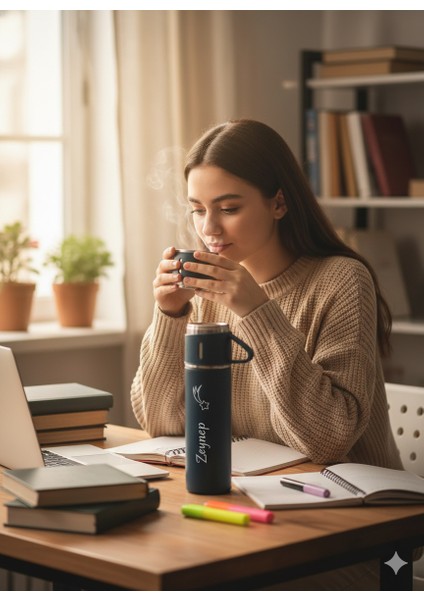 Termos Suluk 500ML 3 Bardaklı Paslanmaz Çelik Kahve Çay Termosu Premium Hediye Çantalı