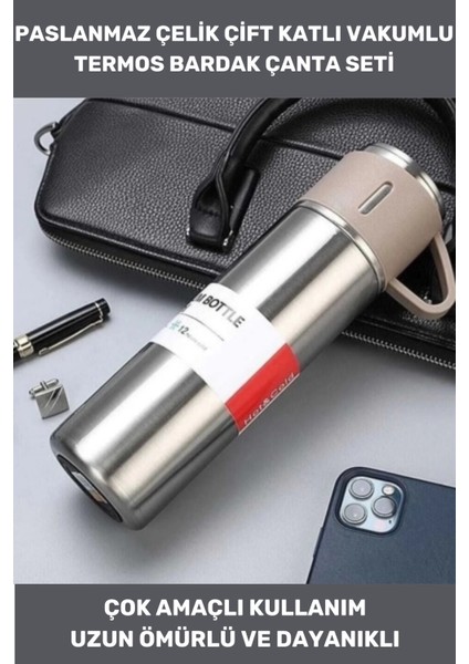 Premium 3 Bardaklı Çelik Termos Set 500ML Paslanmaz Çelik Kahve Termosu Hediye Çantalı