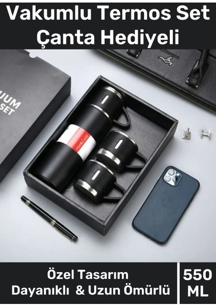 Özel Üretim Paslanmaz Çelik 3 Bardaklı Soğuk Sıcak Termos Vakumlu Termos Set Çanta Hediyeli 550 ml >