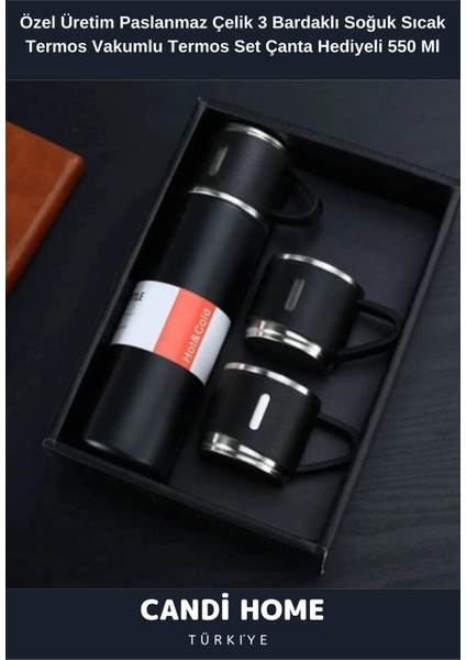 Premium Özel Seri Hediyelik Paslanmaz Çelik 550 ml 3 Bardaklı Soğuk Sıcak Termos Set Çanta Hediyeli