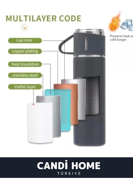 Premium Özel Seri Hediyelik Paslanmaz Çelik 550 ml 3 Bardaklı Soğuk Sıcak Termos Set Çanta Hediyeli