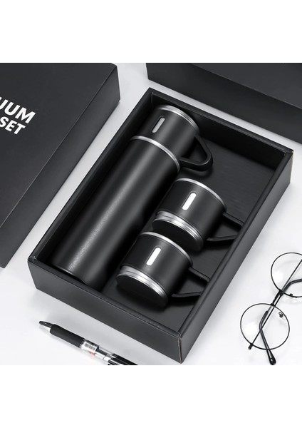 Çelik Termos Seti - 3 Bardaklı Vakumlu Termos Seti Içecek 500 ml Paslanmaz Çelik Gri 12 Saat