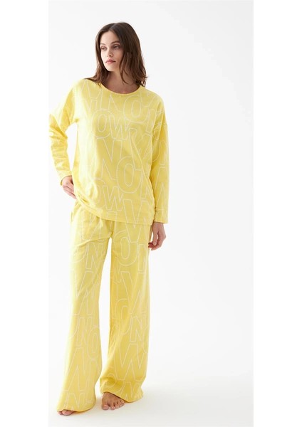 Kadın Oversize Sarı Desenli Pamuklu Kalın Pijama Takımı