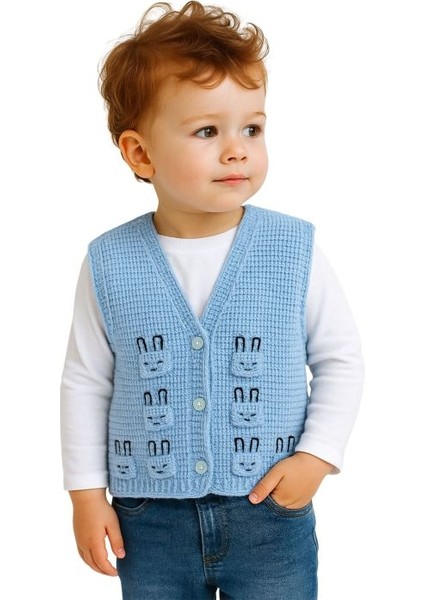 8686 El Örgüsü Yüz Figür Desenli Örgü Yelek - 1 - 3 Yaş