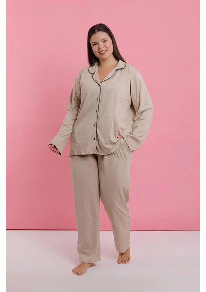 Kadın Büyük Beden Bej Düğmeli Pijama Takımı modelleri
