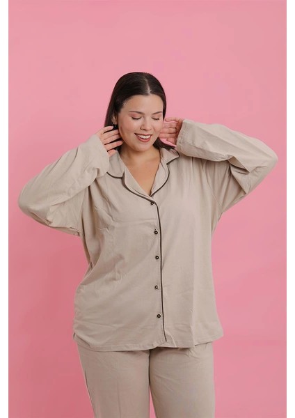 Kadın Büyük Beden Bej Düğmeli Pijama Takımı fırsatları
