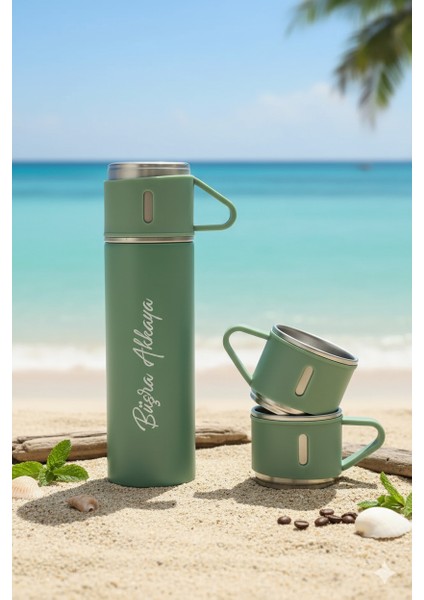 A+ Kalite 3 Bardaklı Termos 500ML Paslanmaz Çelik Kahve Çay Termosu Hediye Çantalı Set