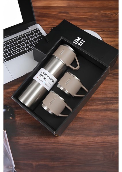 Kahve Termosu 500ML 3 Bardaklı A+ Kalite Çelik Termos Set Çay Termosu Kamp Termosu Çantalı