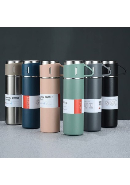 Paslanmaz Çelik 3 Bardaklı Termos Set 500 ml Içecek 500 ml Paslanmaz Çelik Siyah 12 Saat