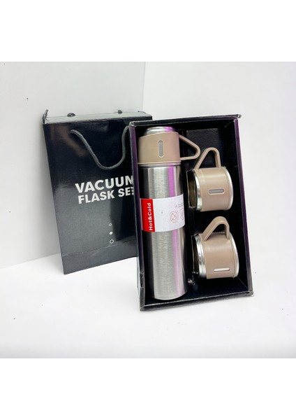 Seyehat Çelik Termos 3 Bardaklı Vakumlu ve Yalıtımlı 450-550 ml Çelik Gri