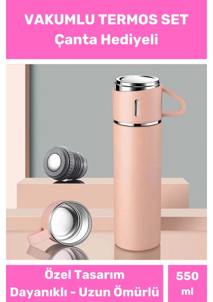3 Bardaklı Soğuk Sıcak Termos Vakumlu Termos Set Çanta Hediyeli Paslanmaz Çelik 550 ml 500 ml Çelik