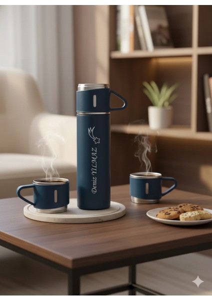 3 Bardaklı Termos 500ML Premium Kalite Paslanmaz Çelik Kahve Termosu Çay Termosu Hediye Çantalı