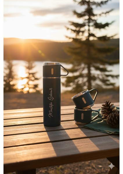 Bardaklı Termos 500ML Premium Paslanmaz Çelik 3 Bardaklı Kahve Termosu Seti Çantalı Hediye