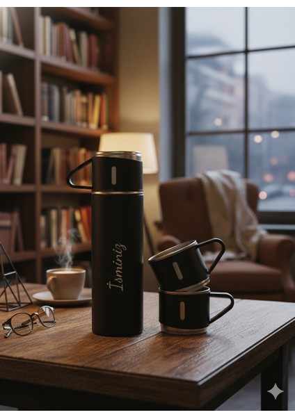 Paslanmaz Çelik Termos 500ML 3 Bardaklı Premium Kahve Termosu Çay Termosu Hediye Çantalı