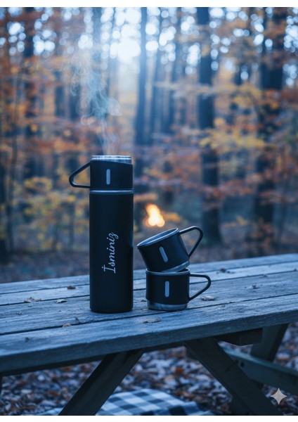 Termos Suluk 500ML 3 Bardaklı Paslanmaz Çelik Kahve Çay Termosu Premium Hediye Çantalı