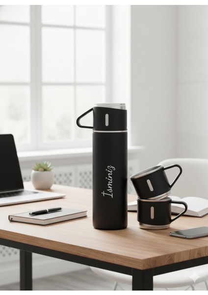 Bardaklı Termos 500ML 3 Bardaklı Premium Çelik Set Kahve Çay Termosu Hediye Çantalı