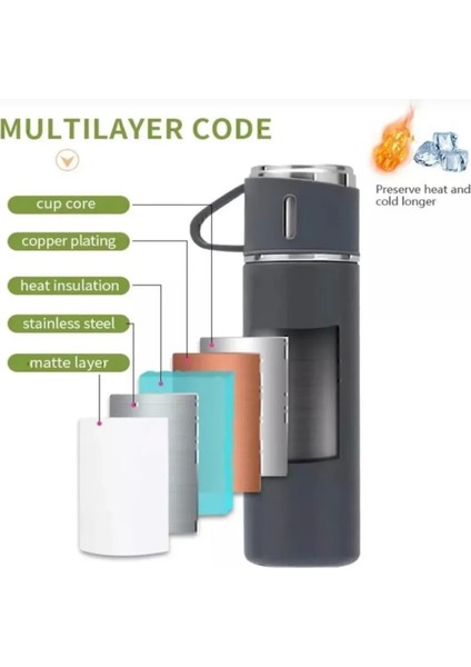 Termos Paslanmaz Çelik 3 Bardaklı Vakumlu Termos Set 500 Ml, 12 Saate Kadar Isı Koruma >550 ml Içece indirimleri