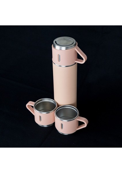 Paslanmaz Çelik 3 Bardaklı Vakumlu Termos Hediyelik Set 680 Ml, 12-24 Saate Kadar Isı Koruma Içecek
