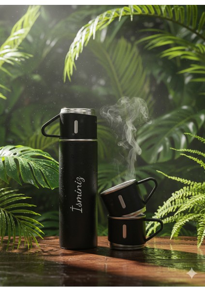 Premium 3 Bardaklı Çay Termosu 500ML Paslanmaz Çelik Kahve Termosu Hediye Çantalı Set